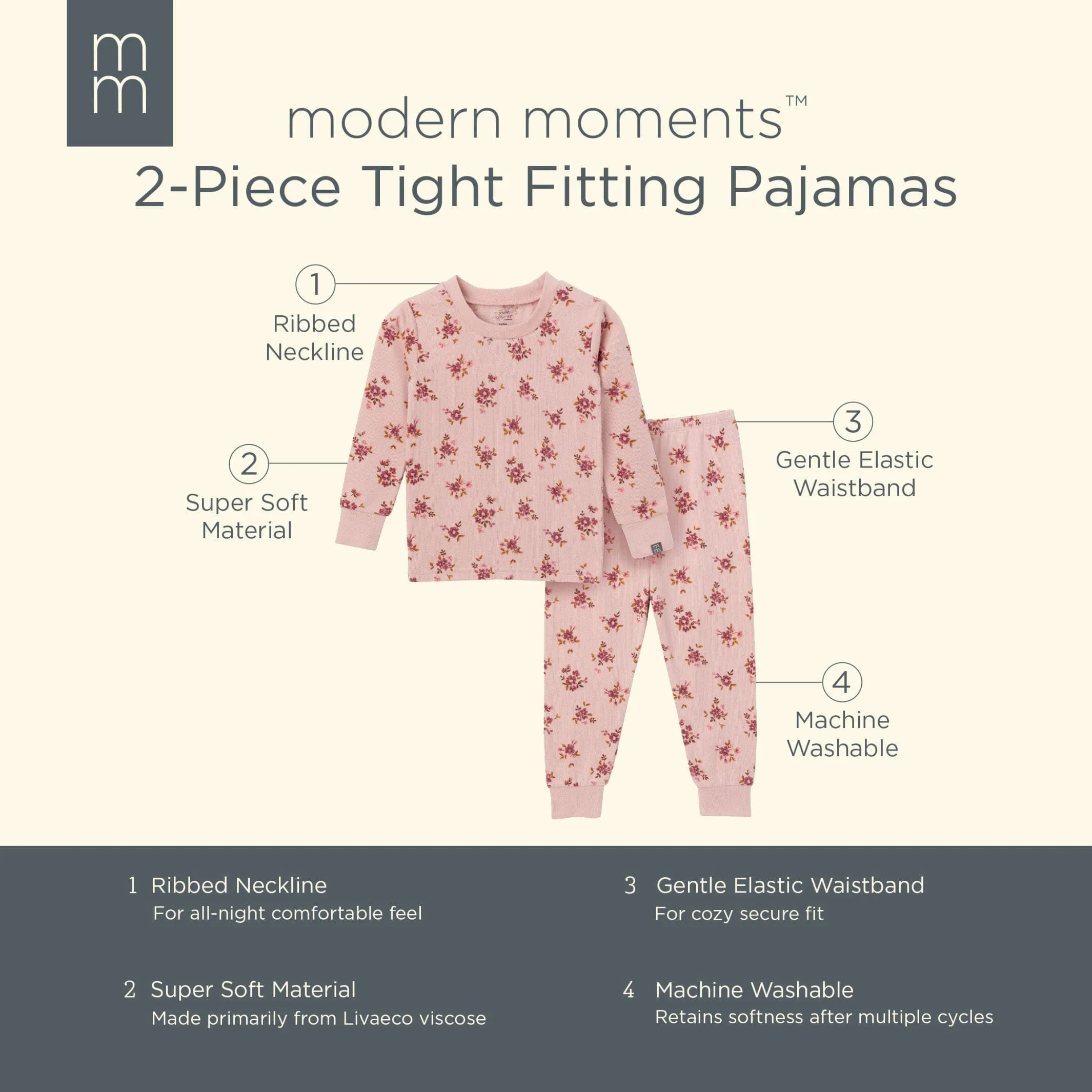 2-Piece Infant & Toddler Girls Light Rose Dahlia Toss Hacci Pajama Set