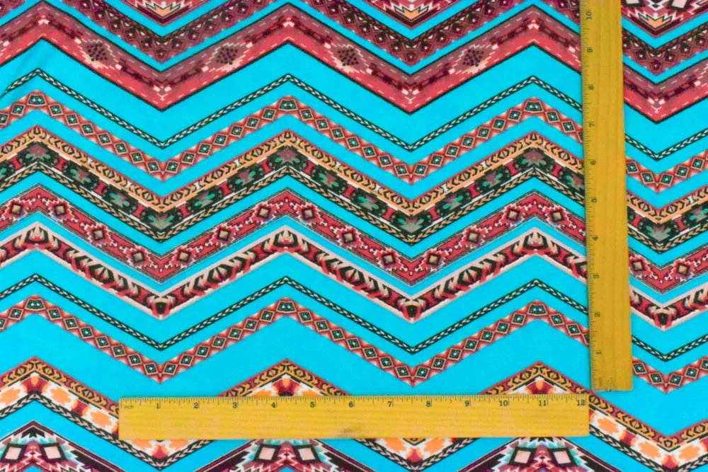 Aqua-Red-Multi Tribal Chevron Printed ITY Knit Fabric