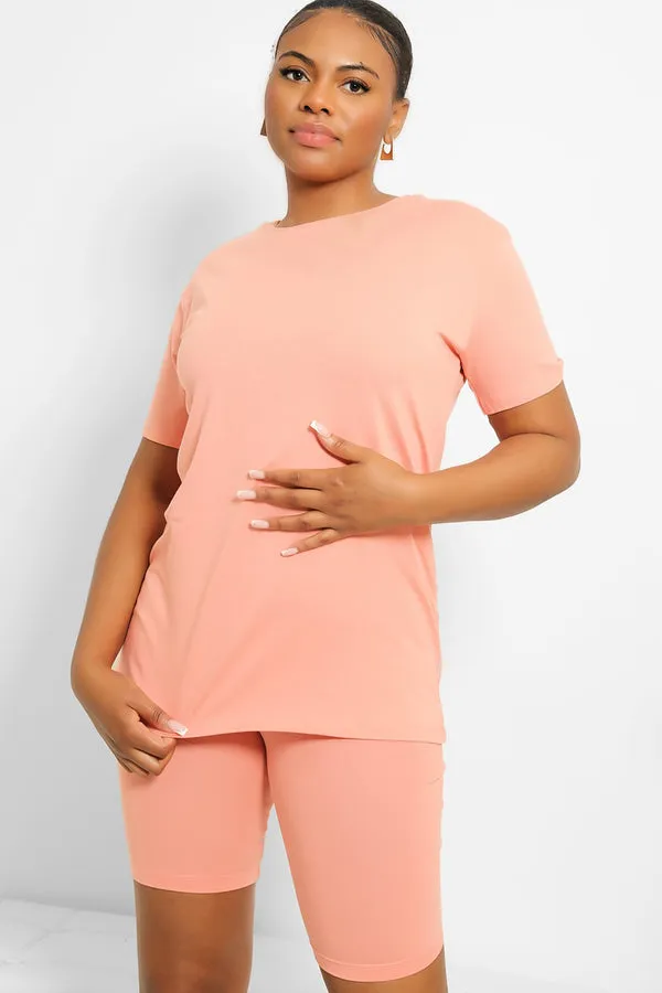 BASIC T-SHIRT & CYCLING SHORTS 2 PIECE CORAL SET