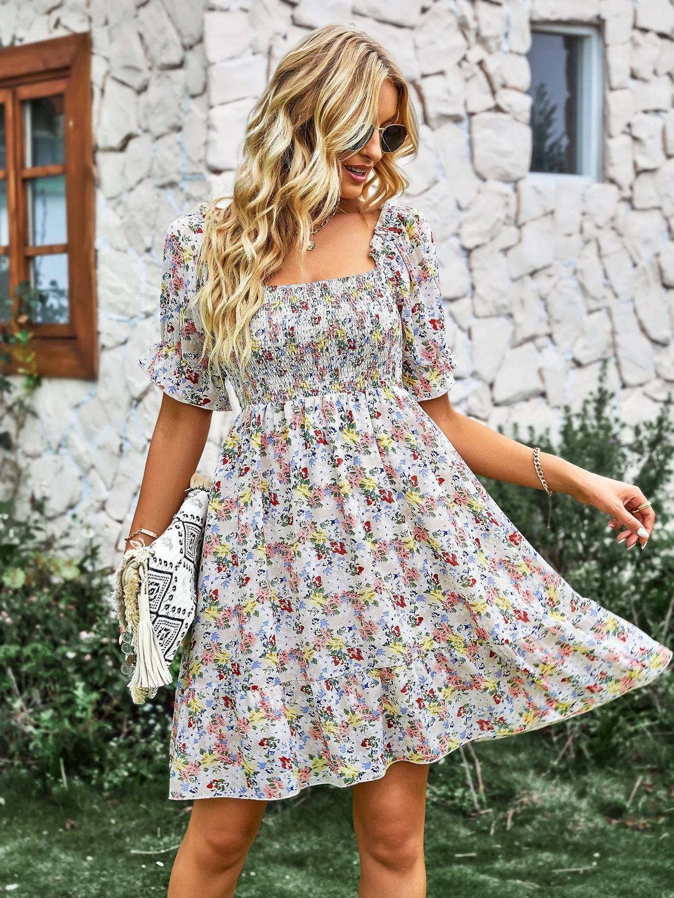 Beautiful Ribbed Pleats Floral Printed Dress