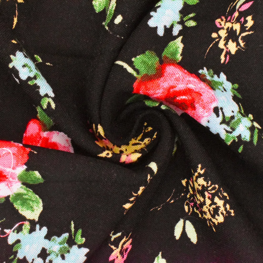 Black-Red-Multi Floral Printed Challis Woven Fabric