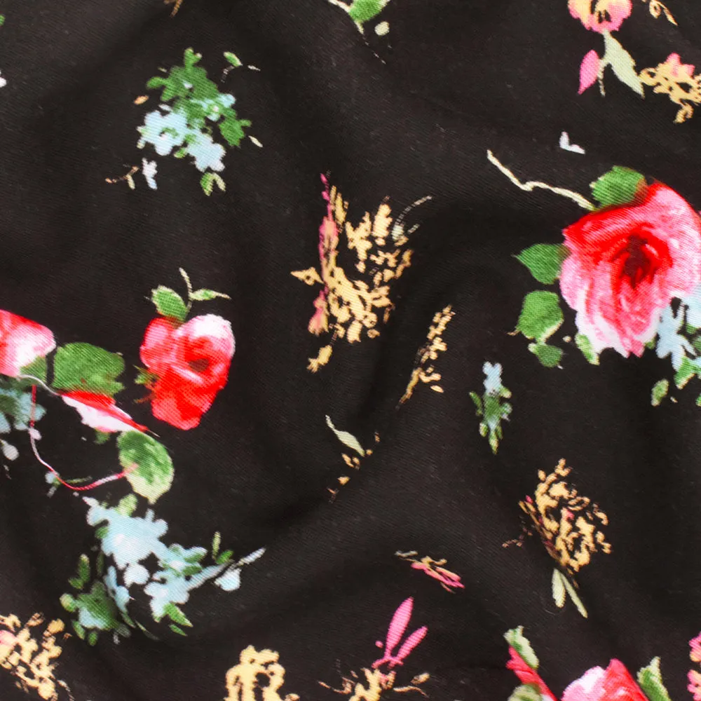 Black-Red-Multi Floral Printed Challis Woven Fabric