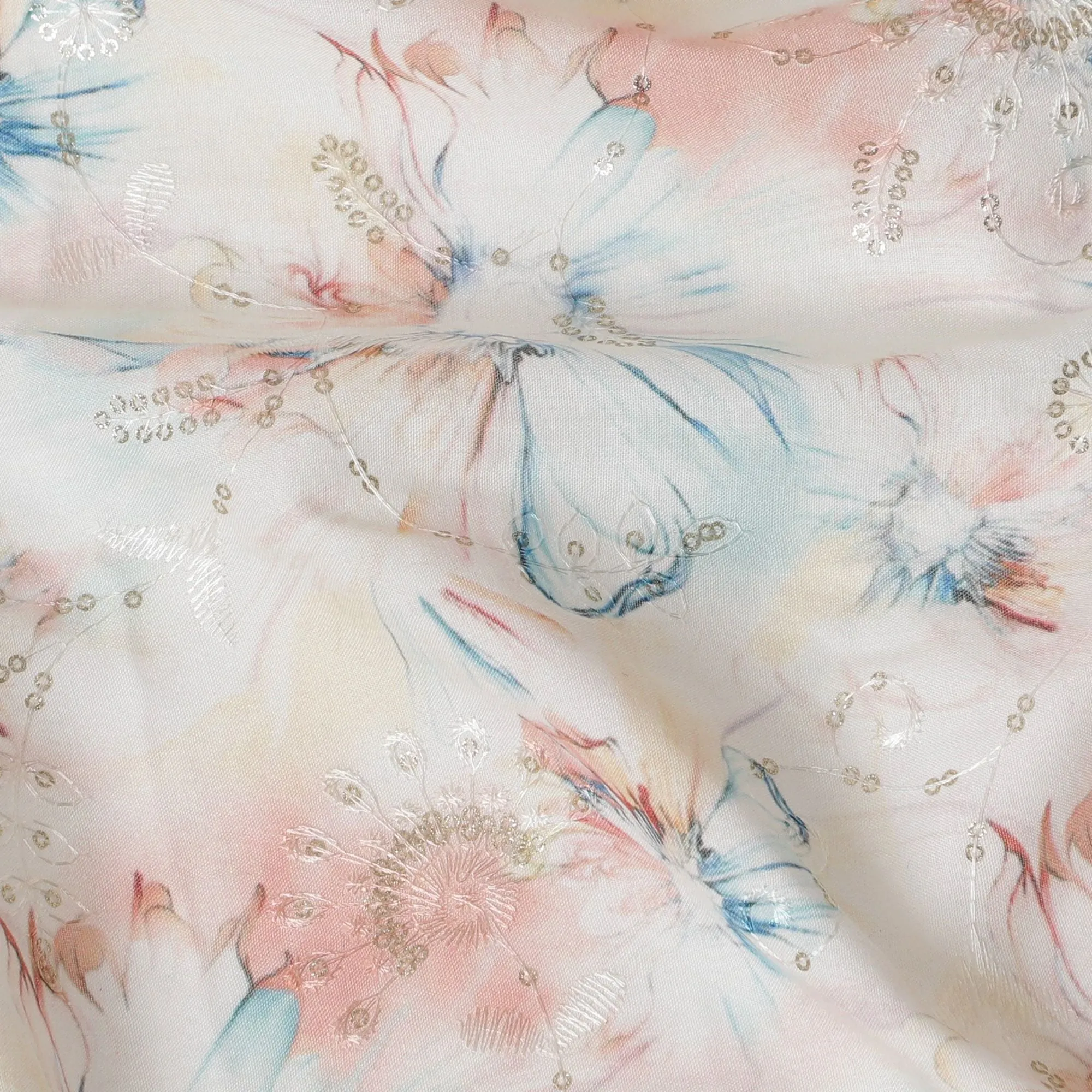 Blush & Sky Blue Floral Sequin Embroidered Synthetic Cotton Fabric - 110cm Wide-D18552