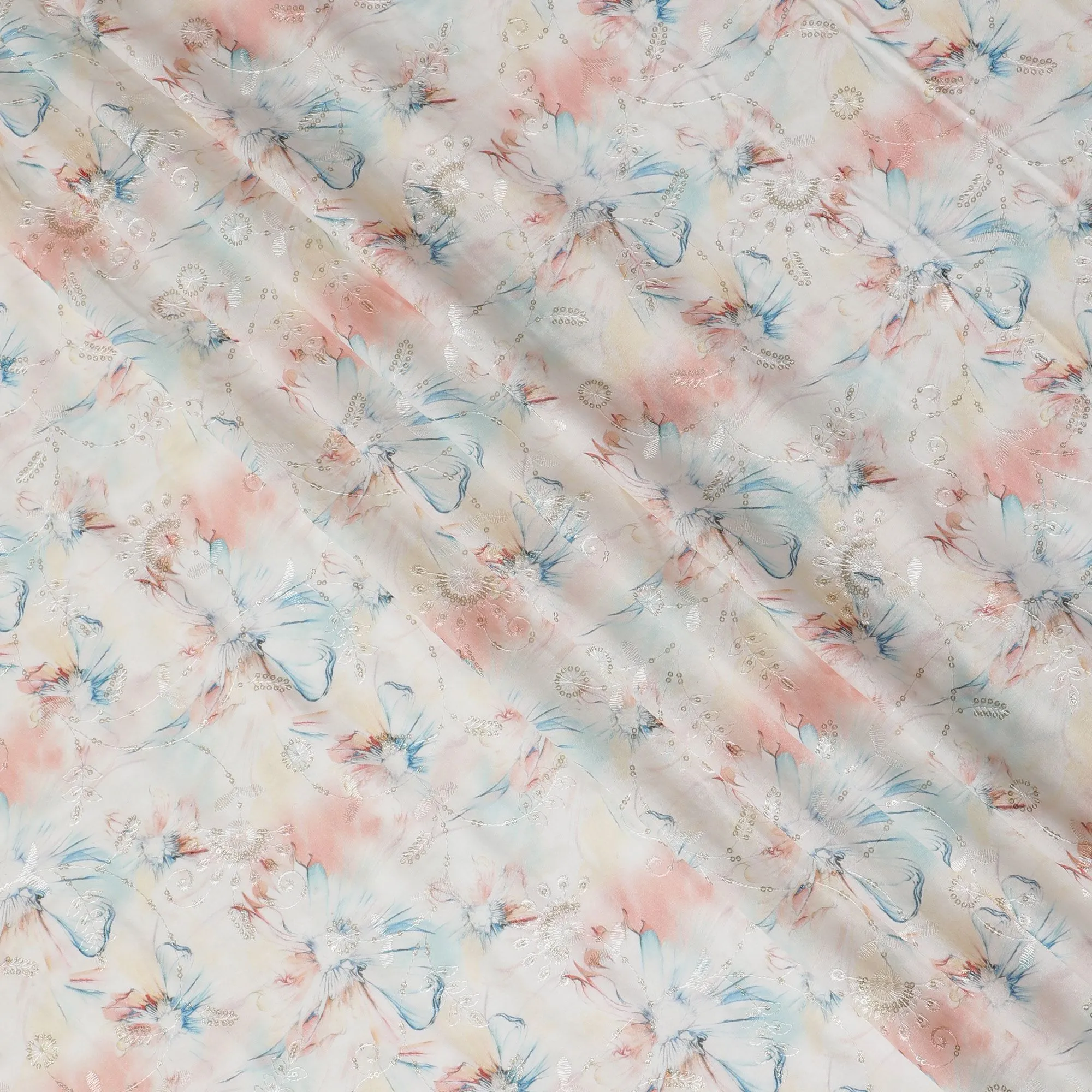 Blush & Sky Blue Floral Sequin Embroidered Synthetic Cotton Fabric - 110cm Wide-D18552