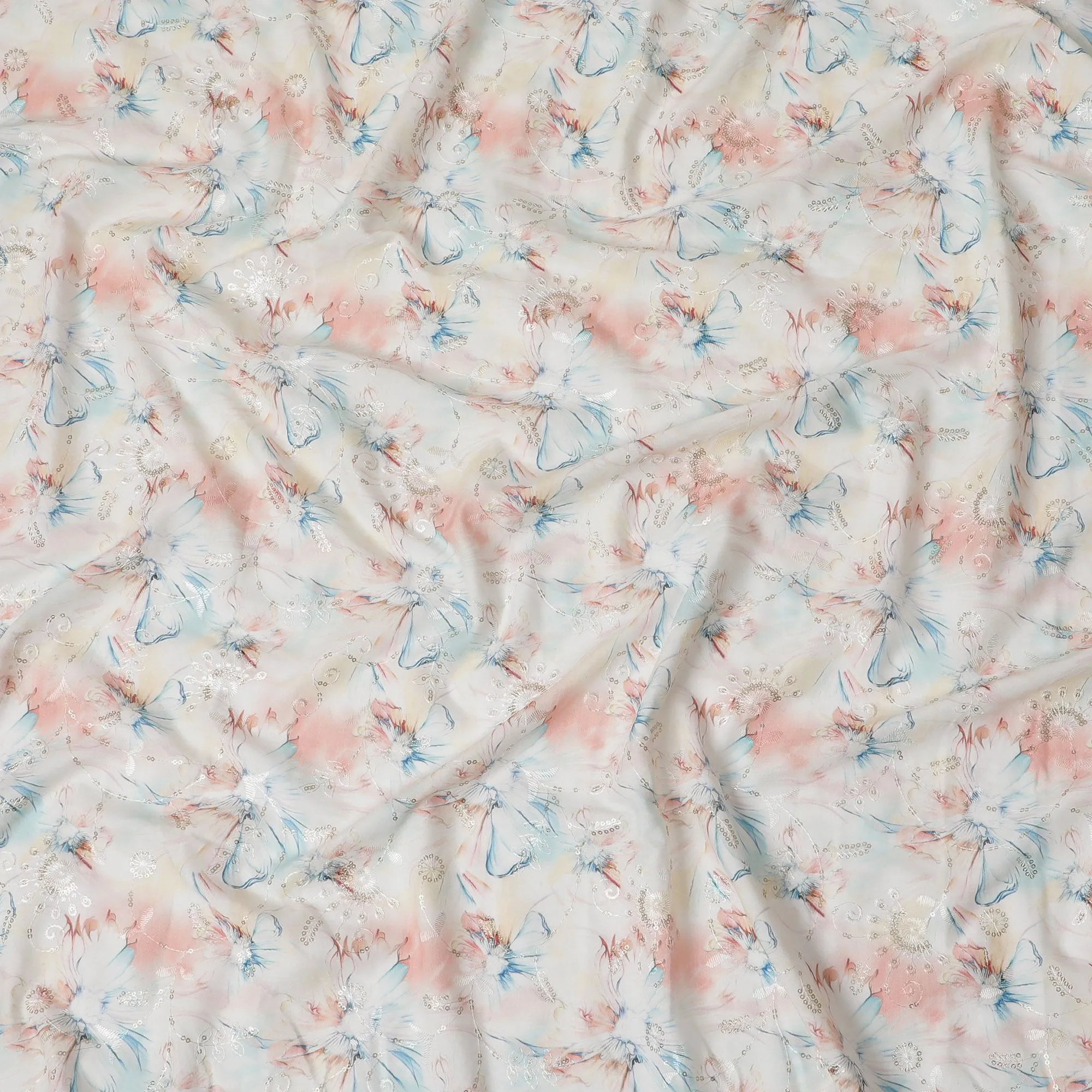 Blush & Sky Blue Floral Sequin Embroidered Synthetic Cotton Fabric - 110cm Wide-D18552