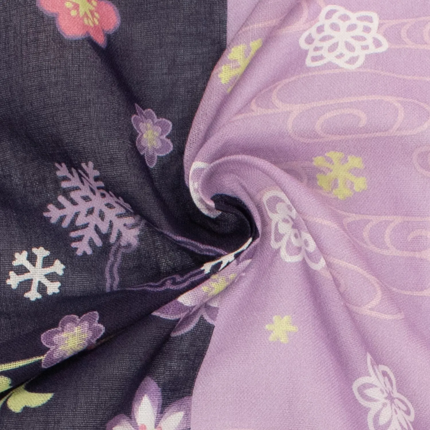 Border Printed Cotton Voile Design-21 White Florals on Lilac/Pink Flowers on Dark Purple