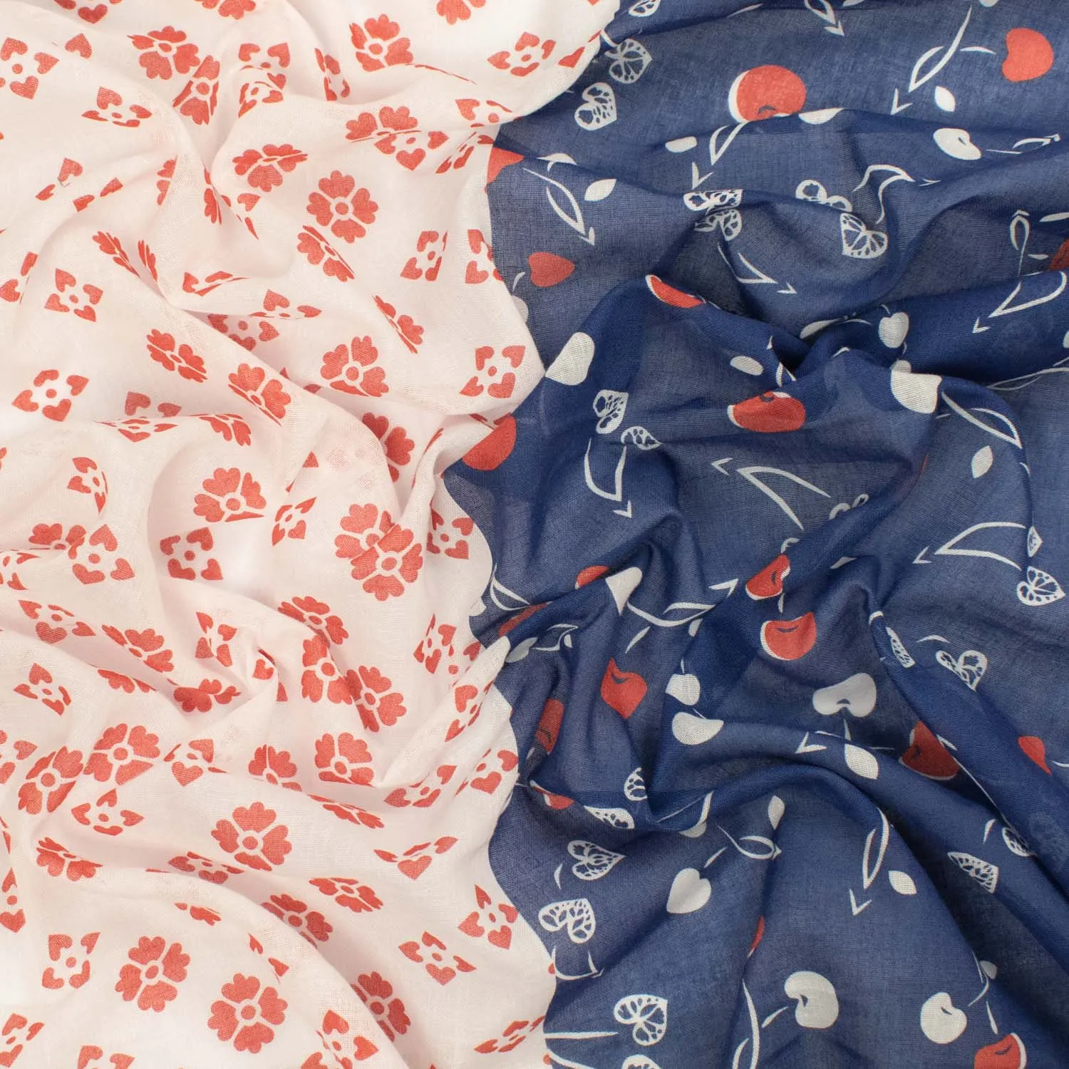 Border Printed Cotton Voile Design-8 Red & White Cherry on Navy/Red Florals on White