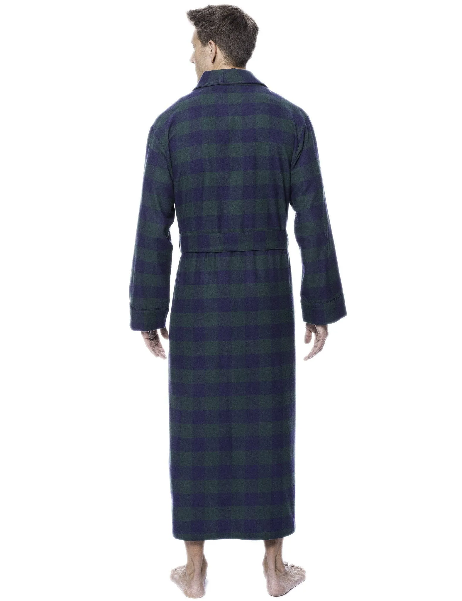 Box Packaged Men's Premium 100% Cotton Flannel Long Robe - Gingham Green/Navy