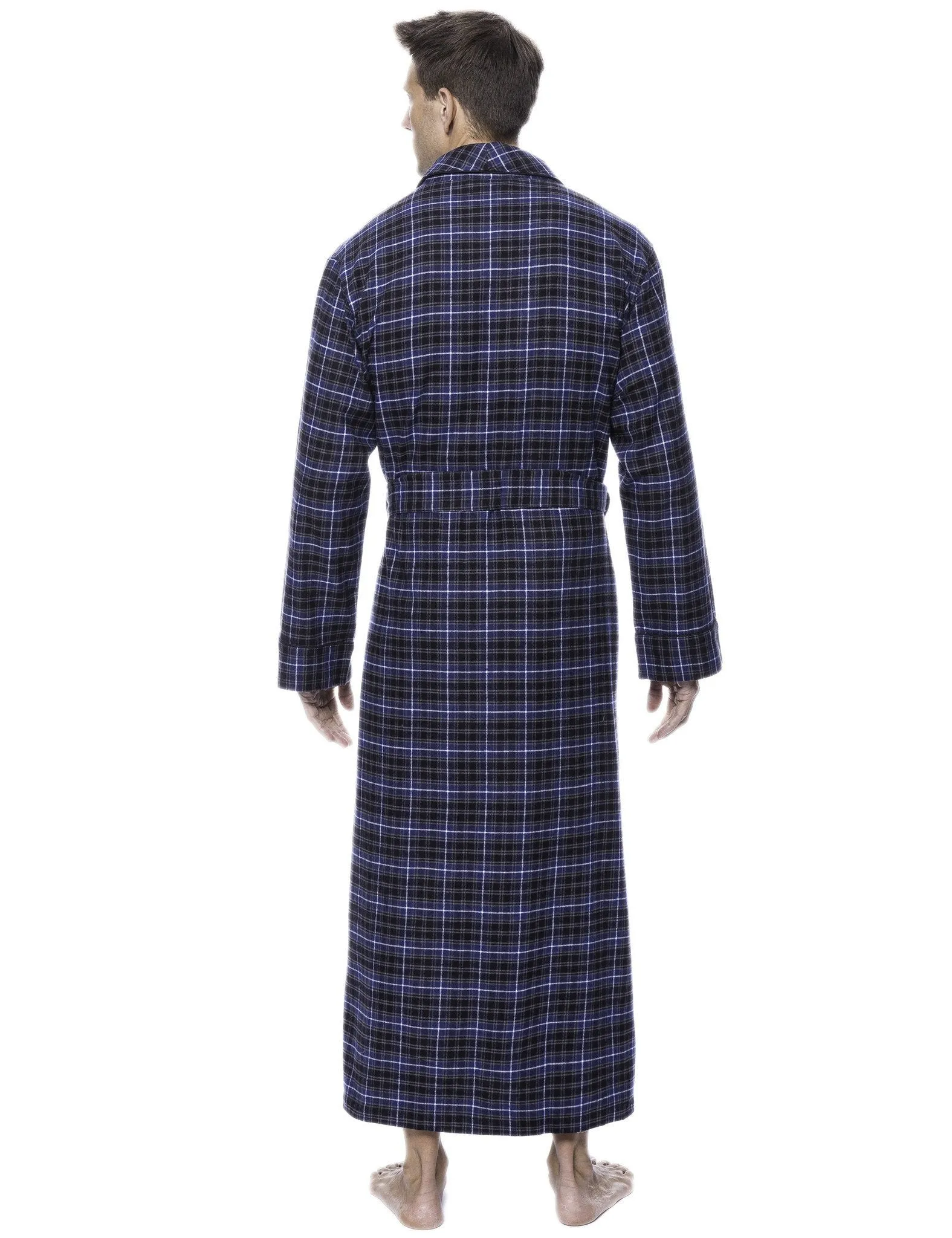 Box Packaged Men's Premium 100% Cotton Flannel Long Robe - Plaid Navy/Black