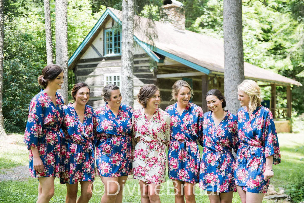 Bridesmaid Robes ~ Navy Blue Robe ~ Floral Robes ~ Personalized Cotton Robes - Bridesmaid Gift - Wedding Robe - Navy Blue Robes