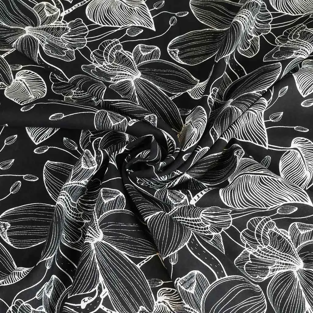 Capri - Black Etched Leaves Viscose Woven Fabric Sample