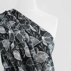 Capri - Black Etched Leaves Viscose Woven Fabric Sample