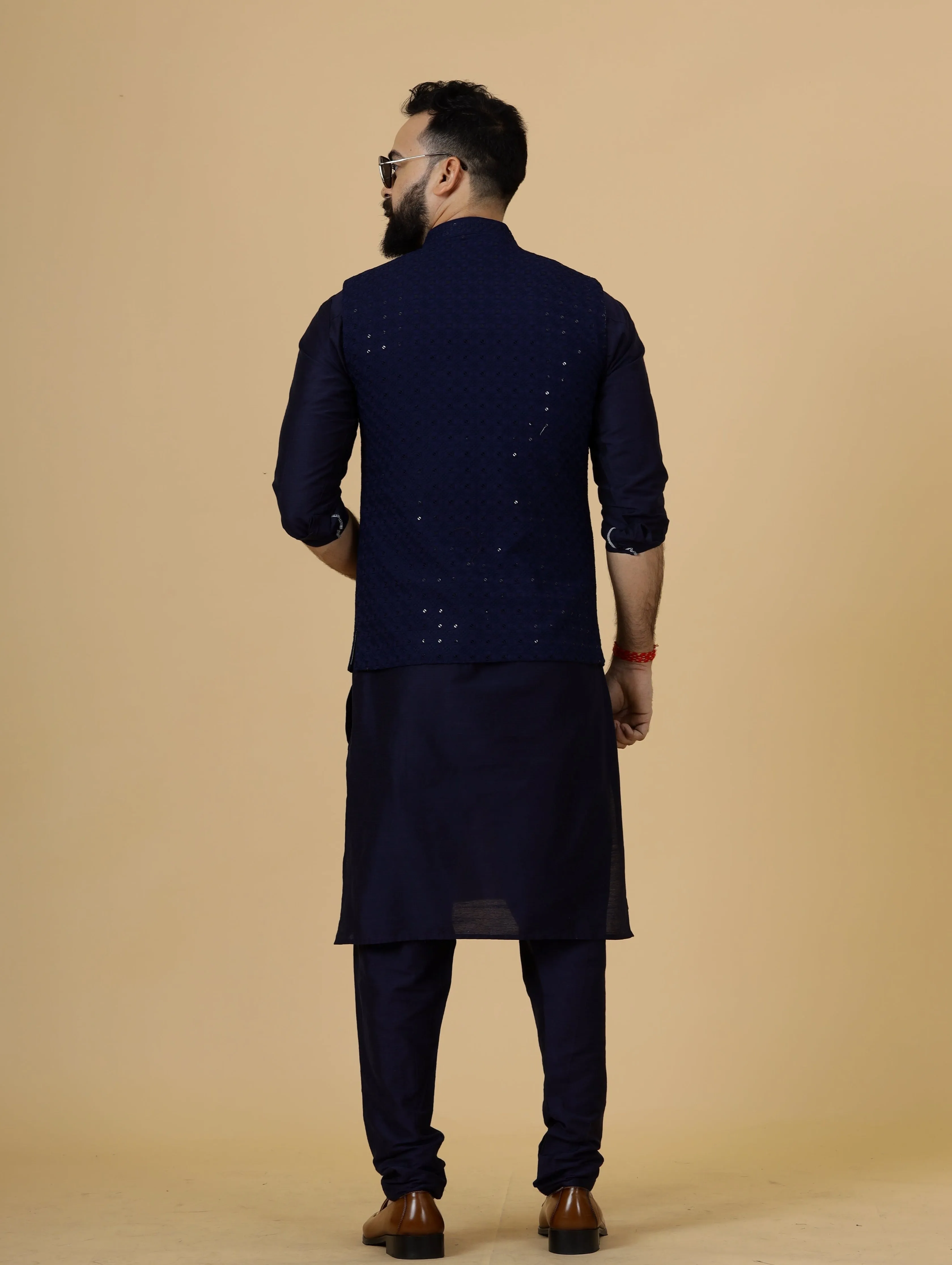 Classy Navy Blue Chikankari Half Jodhpuri Jacket with Navy Blue Kurta-Pajama for Men