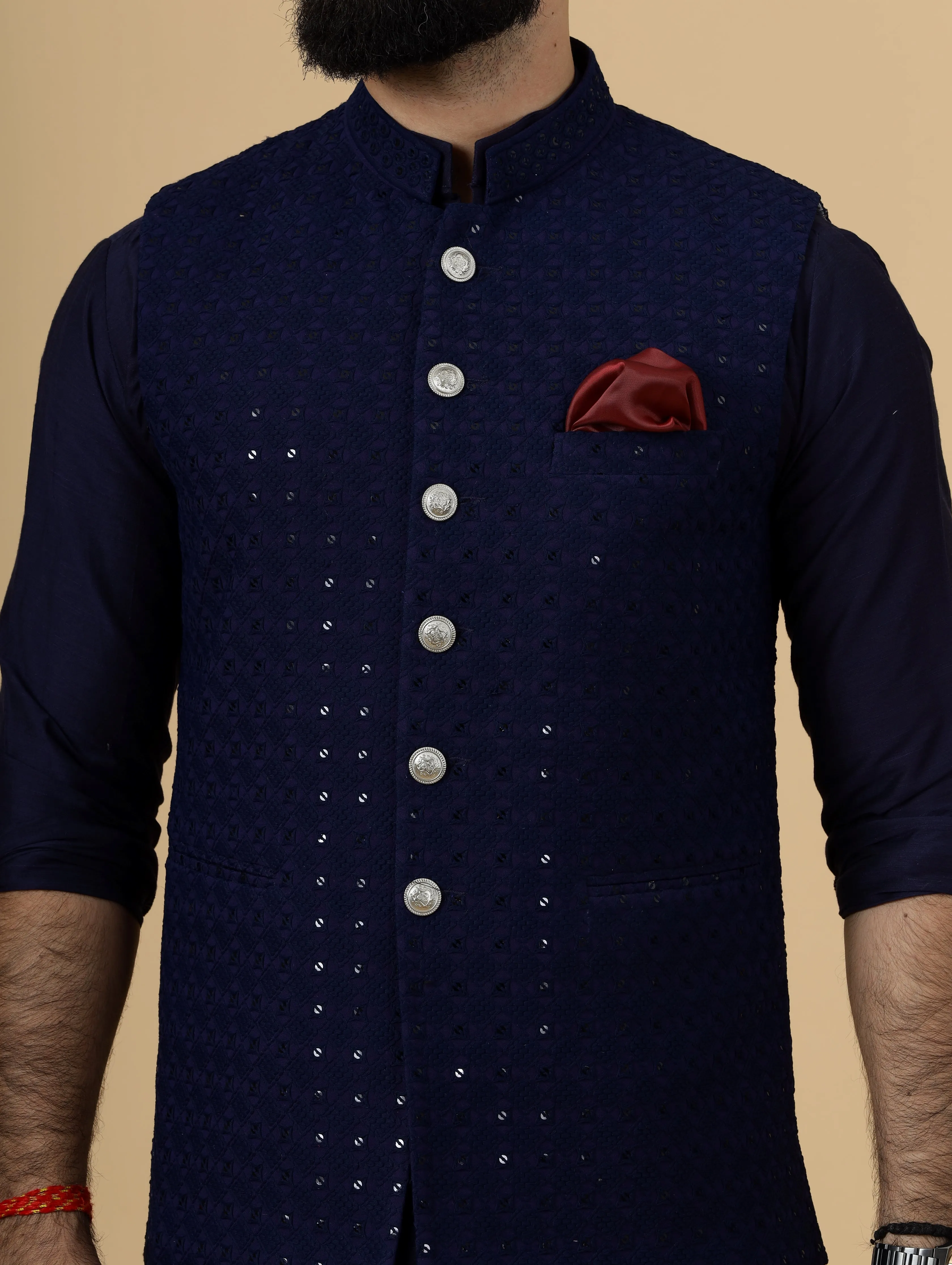 Classy Navy Blue Chikankari Half Jodhpuri Jacket with Navy Blue Kurta-Pajama for Men