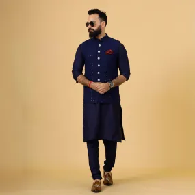 Classy Navy Blue Chikankari Half Jodhpuri Jacket with Navy Blue Kurta-Pajama for Men