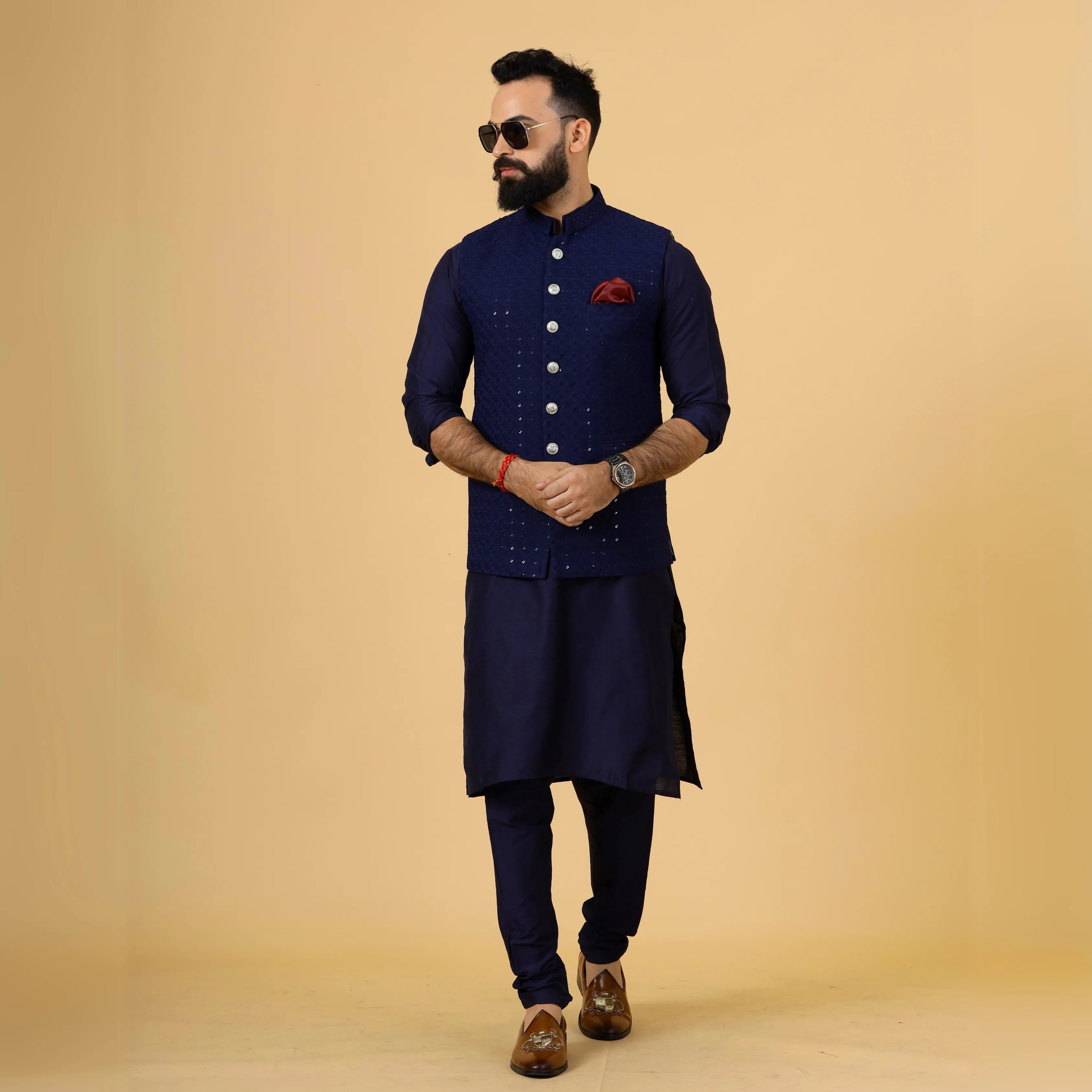 Classy Navy Blue Chikankari Half Jodhpuri Jacket with Navy Blue Kurta-Pajama for Men