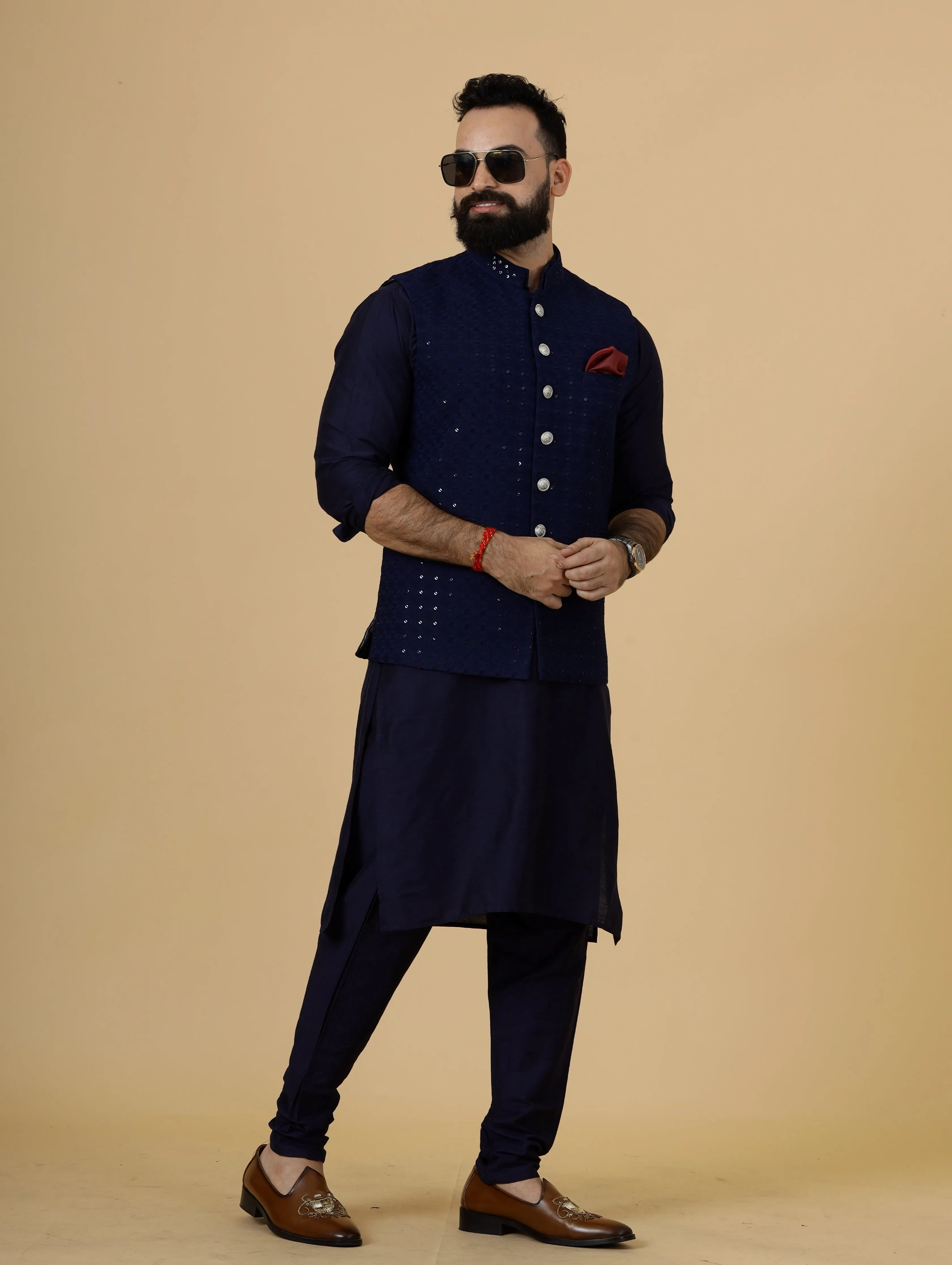 Classy Navy Blue Chikankari Half Jodhpuri Jacket with Navy Blue Kurta-Pajama for Men