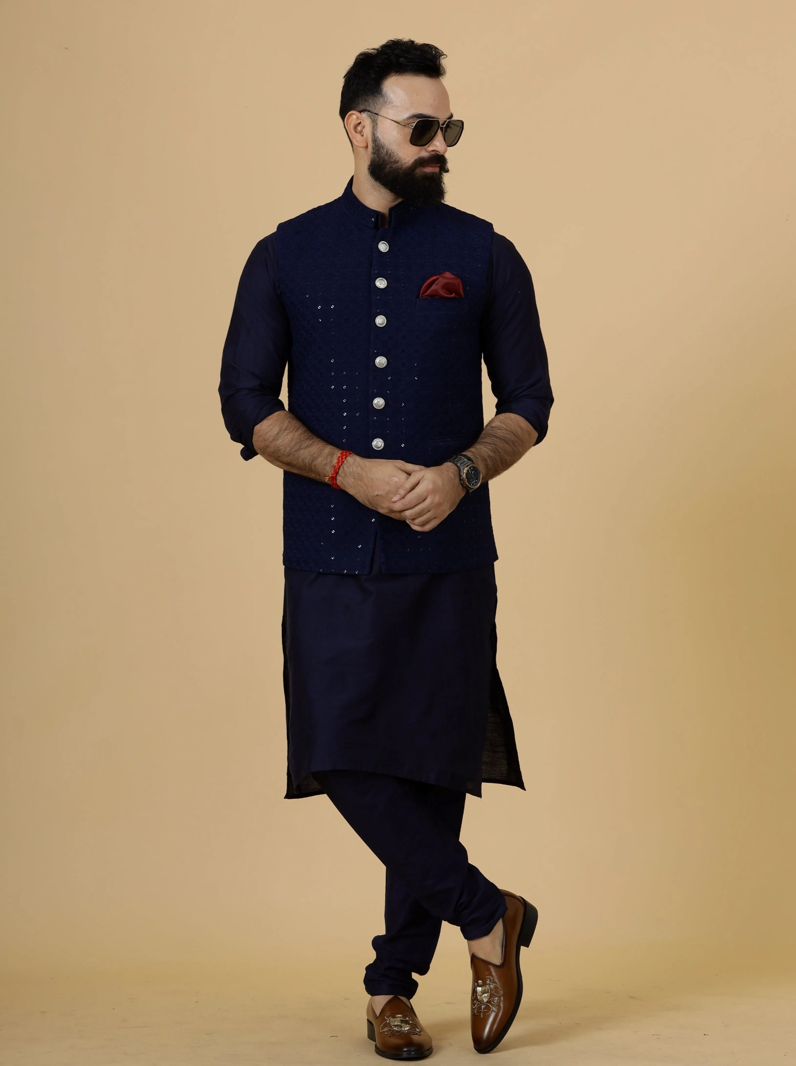 Classy Navy Blue Chikankari Half Jodhpuri Jacket with Navy Blue Kurta-Pajama for Men