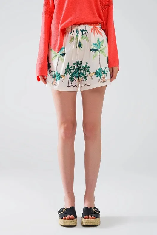 Cream Shorts with Beach Print and Elastic Waist