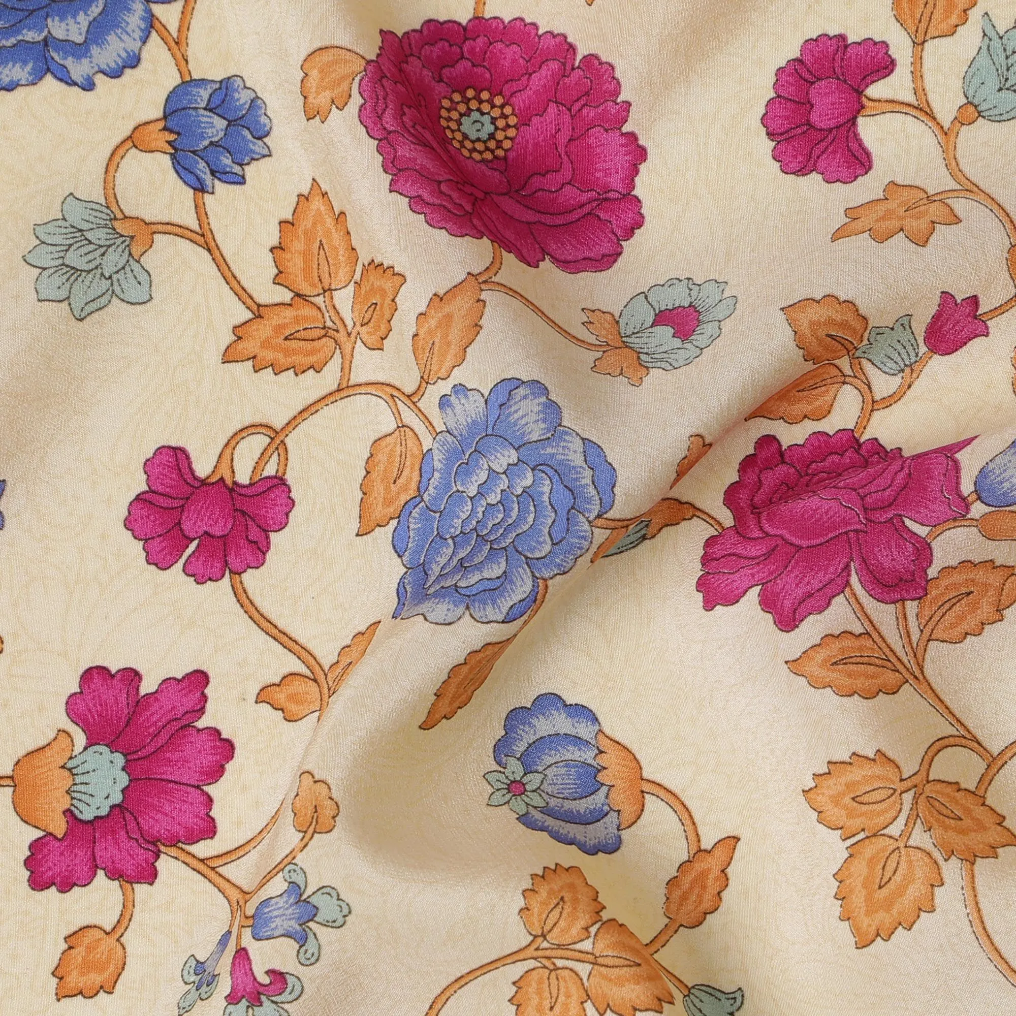 Creamy Vanilla Blossom Crepe Silk Fabric, Vivid Floral Print, 110cm Width - Perfect for Daywear & Décor-D18916