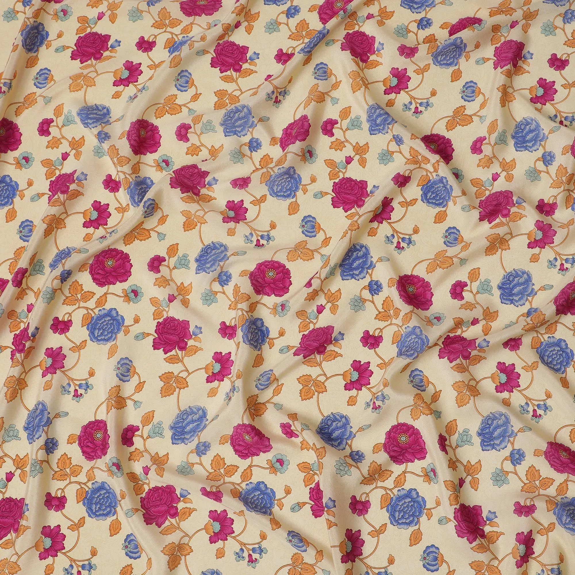 Creamy Vanilla Blossom Crepe Silk Fabric, Vivid Floral Print, 110cm Width - Perfect for Daywear & Décor-D18916