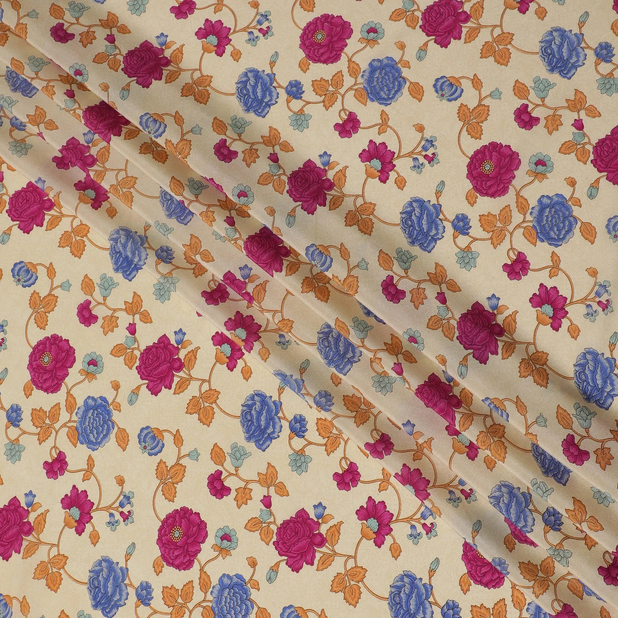 Creamy Vanilla Blossom Crepe Silk Fabric, Vivid Floral Print, 110cm Width - Perfect for Daywear & Décor-D18916