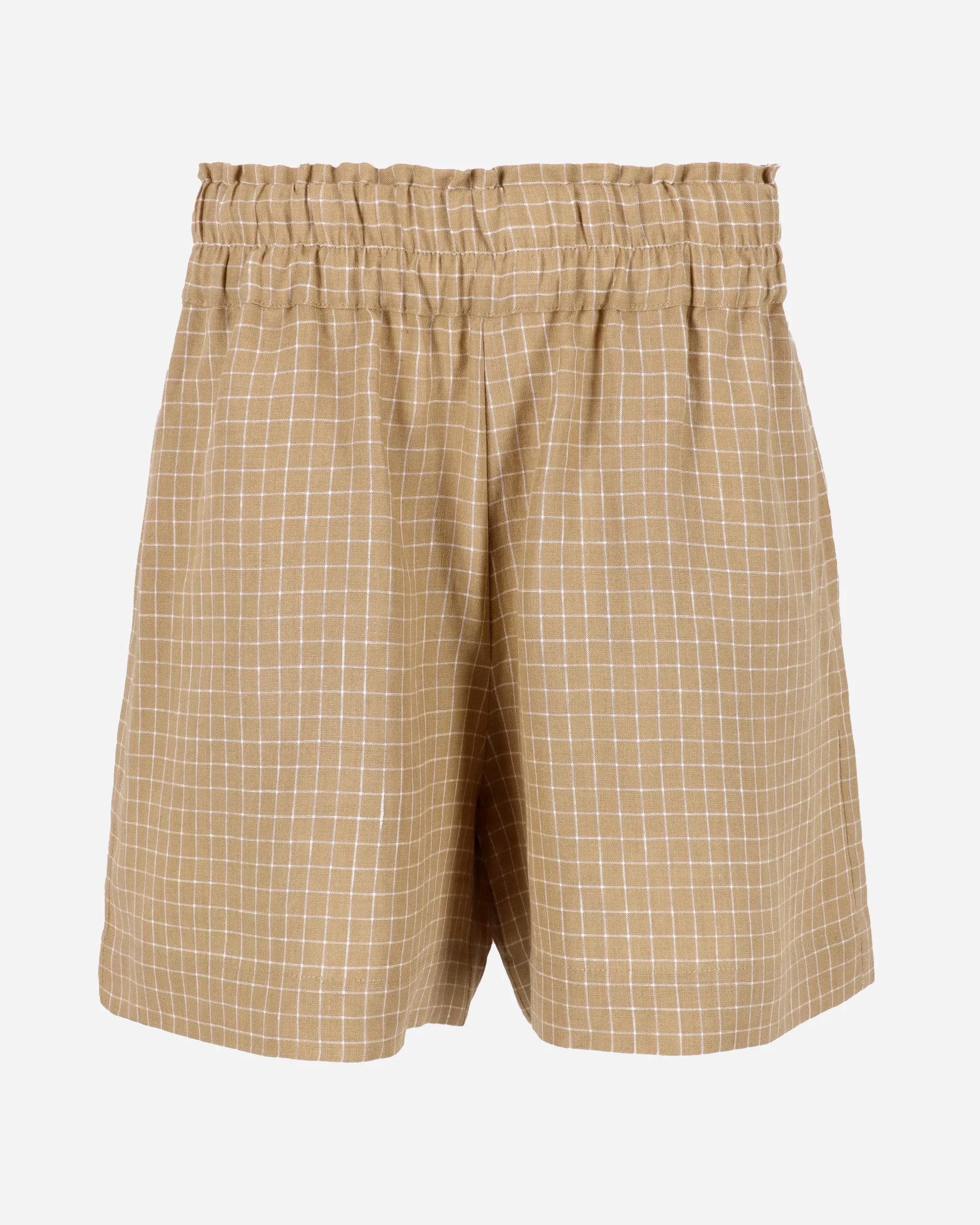 Elastic waist linen shorts LAMU in Brown windowpane