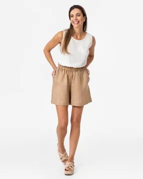 Elastic waist linen shorts LAMU in Brown windowpane