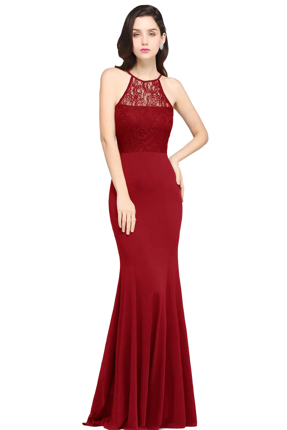 Elegant Halter Floral Lace Chiffon Mermaid Long Bridesmaid Dress