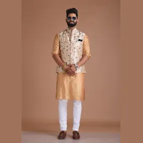 Embroidered Silk Maharaja Style Cream Color Nehru Jacket With Kurta Pajama