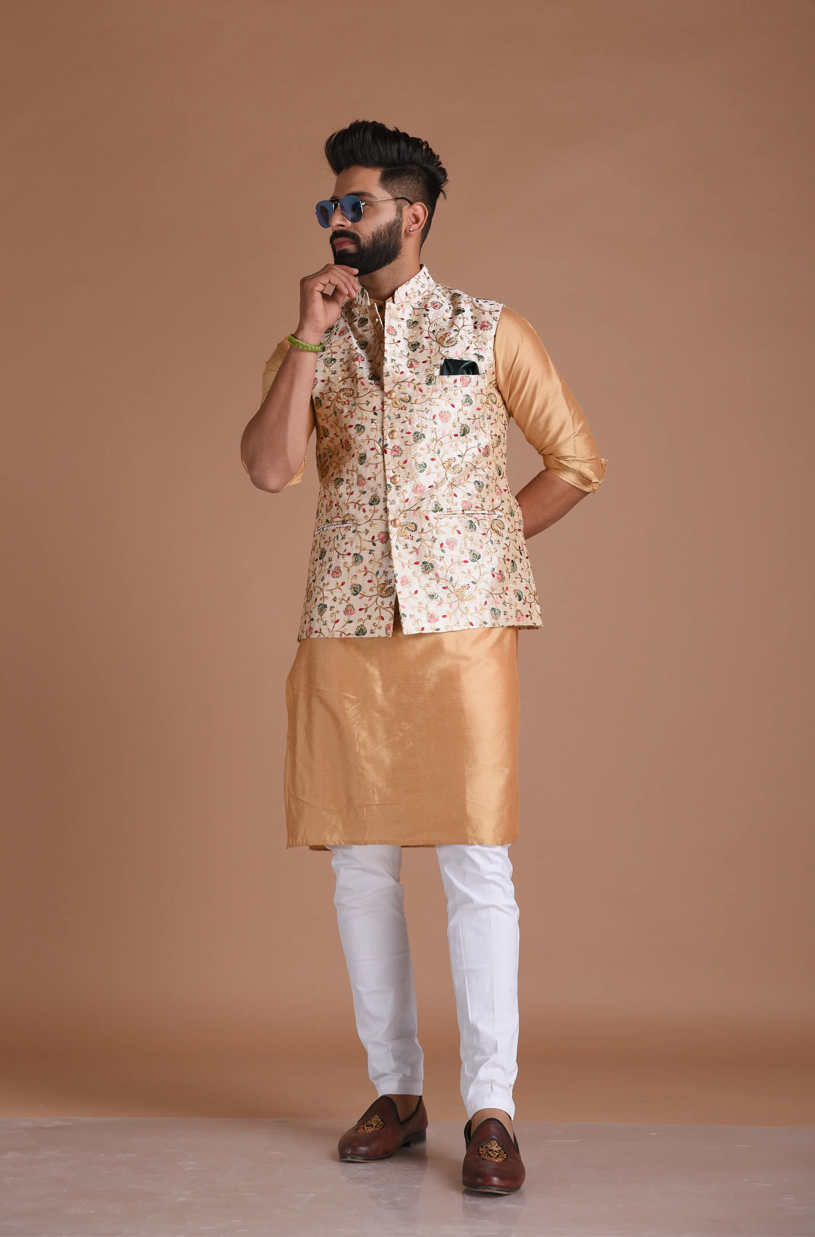 Embroidered Silk Maharaja Style Cream Color Nehru Jacket With Kurta Pajama