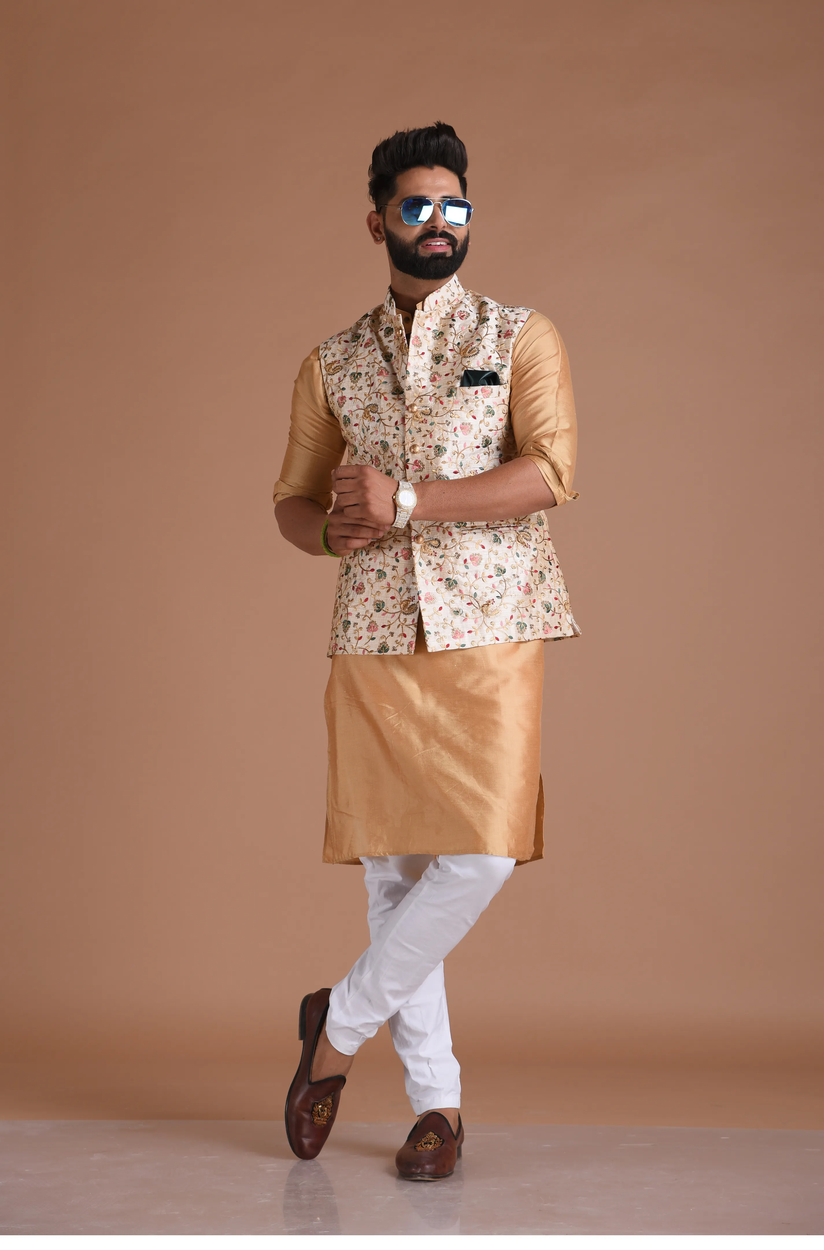 Embroidered Silk Maharaja Style Cream Color Nehru Jacket With Kurta Pajama