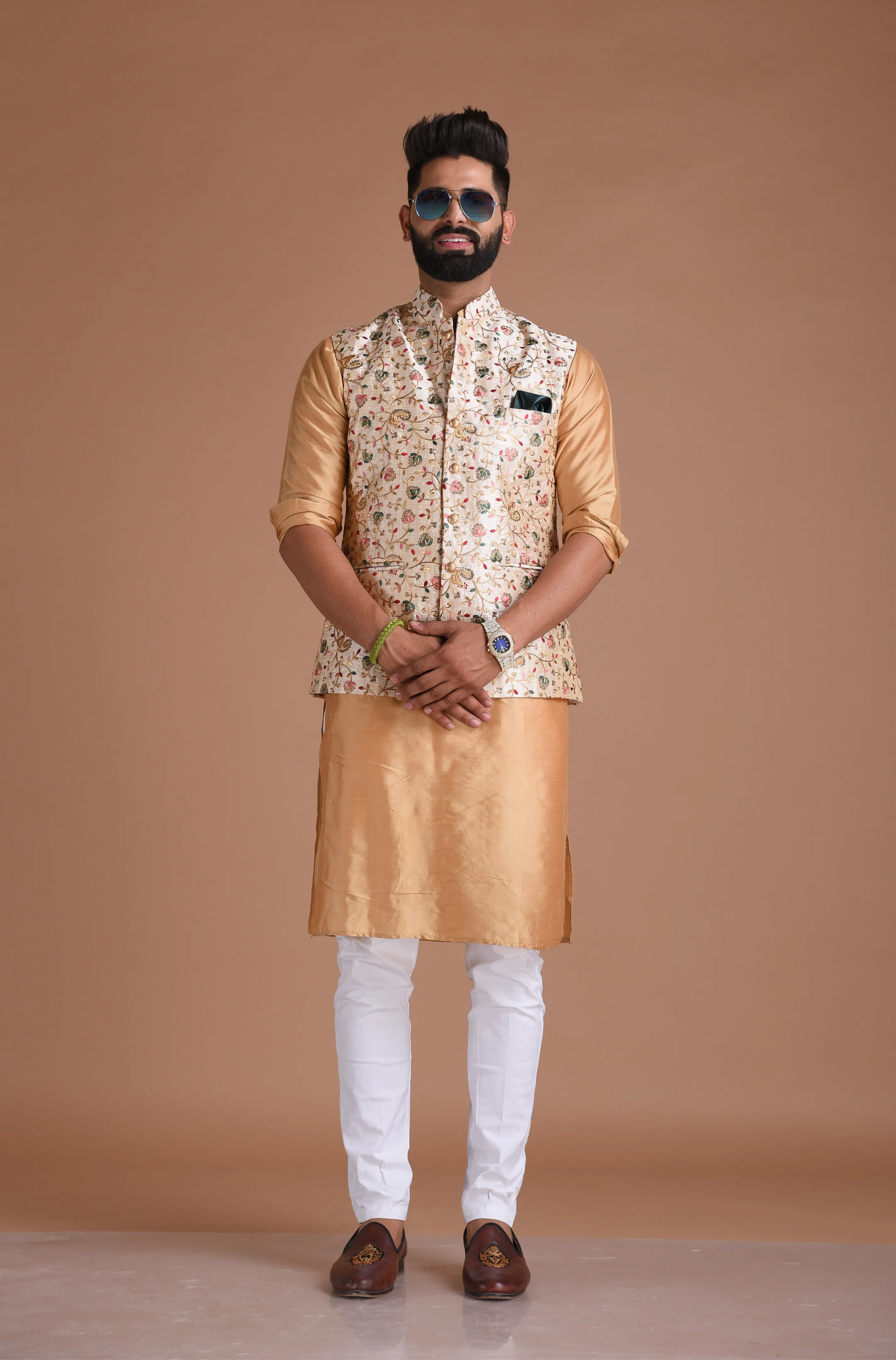 Embroidered Silk Maharaja Style Cream Color Nehru Jacket With Kurta Pajama