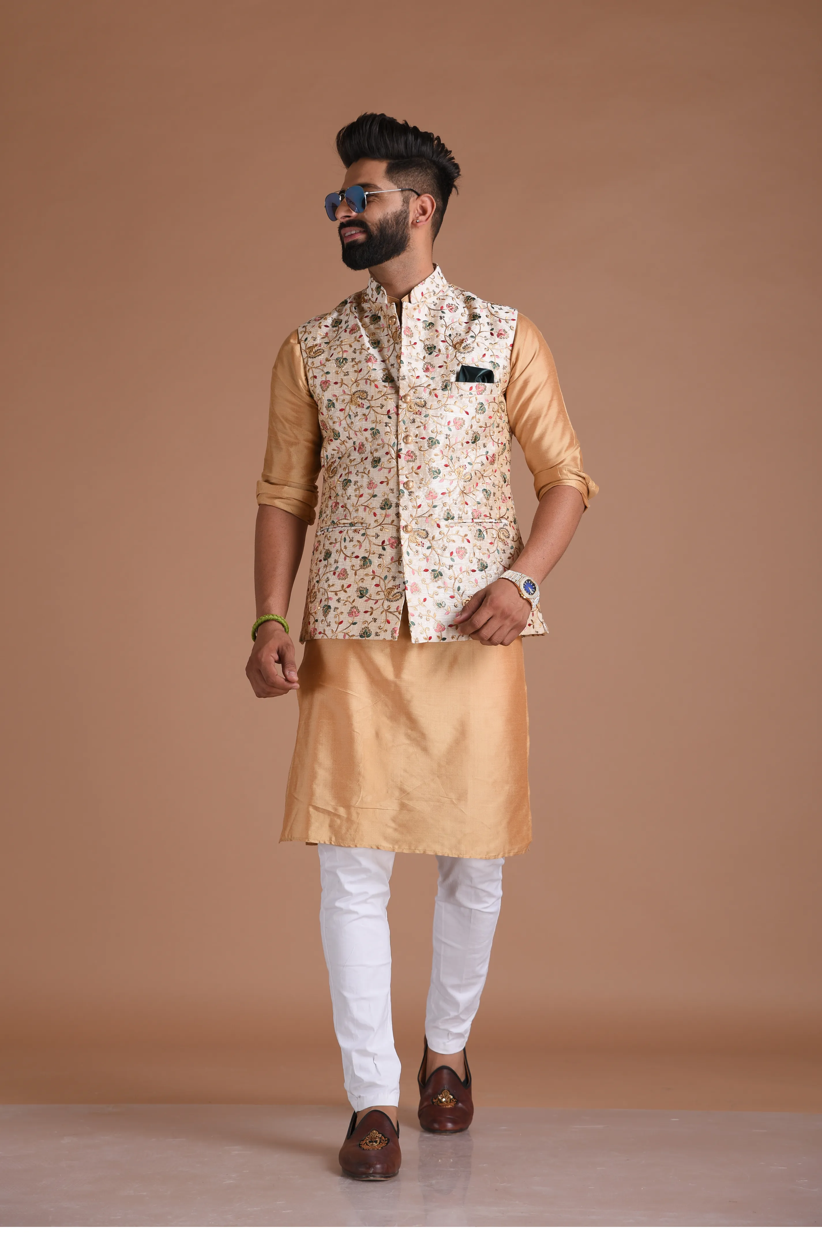 Embroidered Silk Maharaja Style Cream Color Nehru Jacket With Kurta Pajama