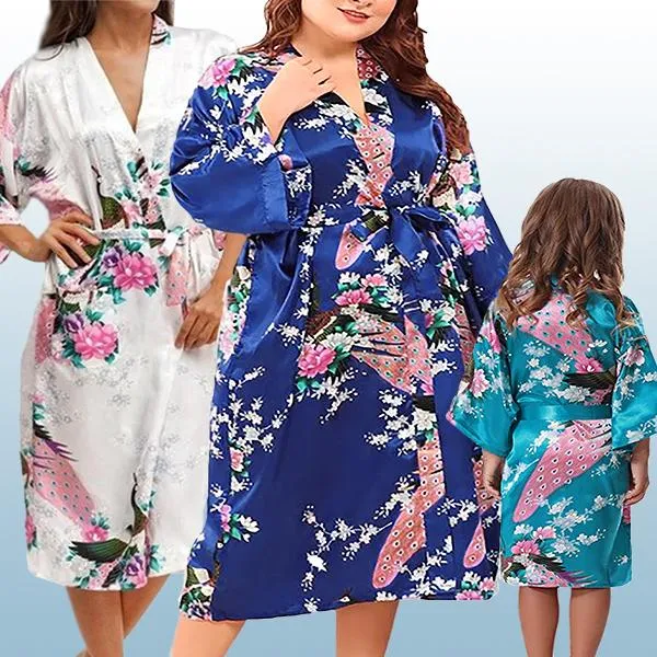 Floral Bride and Bridesmaid Robes, Blue-White, 2T-38 Womens Plus, Satin, MidLength