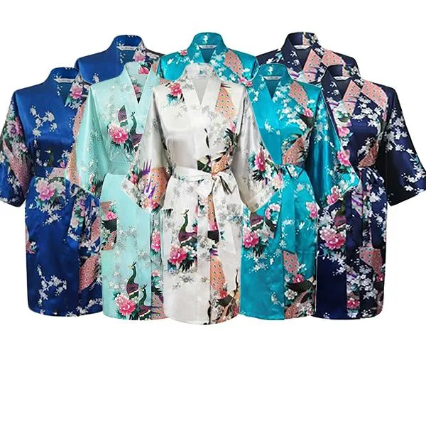 Floral Bride and Bridesmaid Robes, Blue-White, 2T-38 Womens Plus, Satin, MidLength