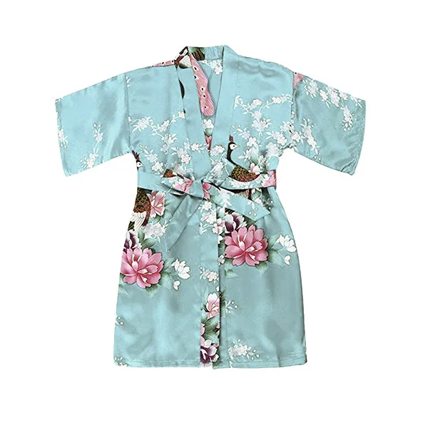 Floral Bride and Bridesmaid Robes, Blue-White, 2T-38 Womens Plus, Satin, MidLength