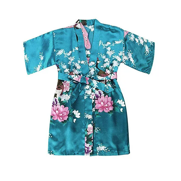 Floral Bride and Bridesmaid Robes, Blue-White, 2T-38 Womens Plus, Satin, MidLength