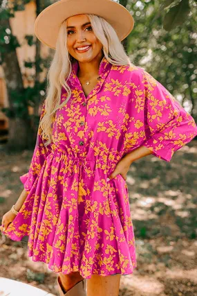 Floral Print Drawstring Tunic Flowy Short Dress