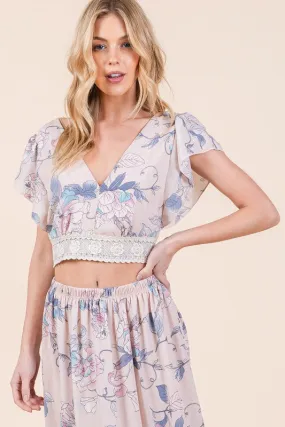 Floral Tie Back Flutter Sleeve Blouse