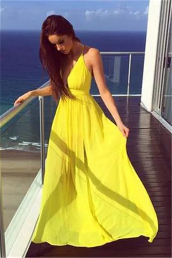 Flowy Yellow Long V-neck Chiffon Prom Dress