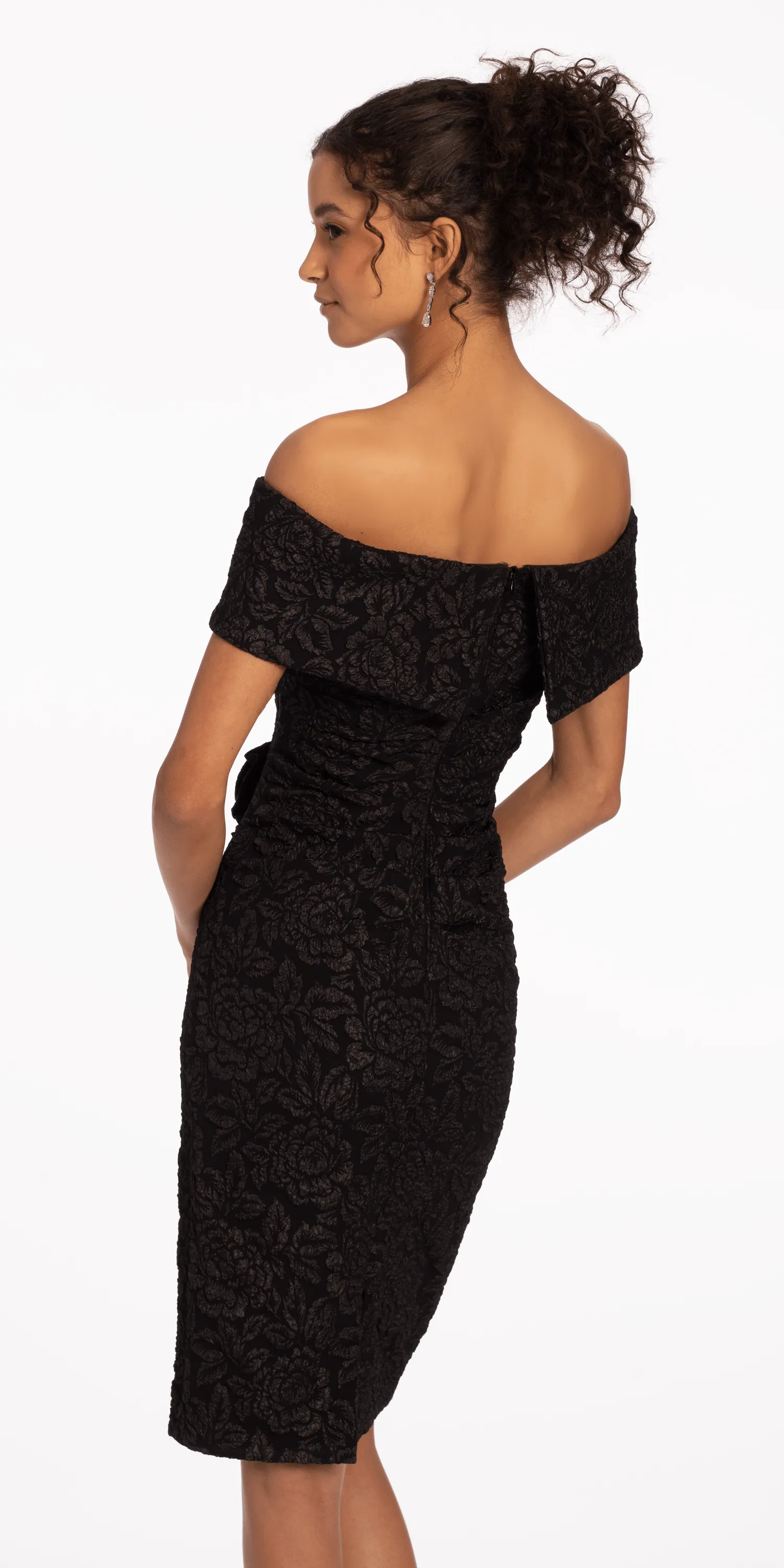 Jacquard Off the Shoulder Dress with Side Rosette