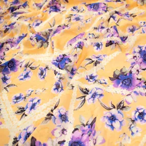 Japanese Pure Cotton Lawn Prints Design-154 Purple Flowers and White Lace Stripes on Yellow