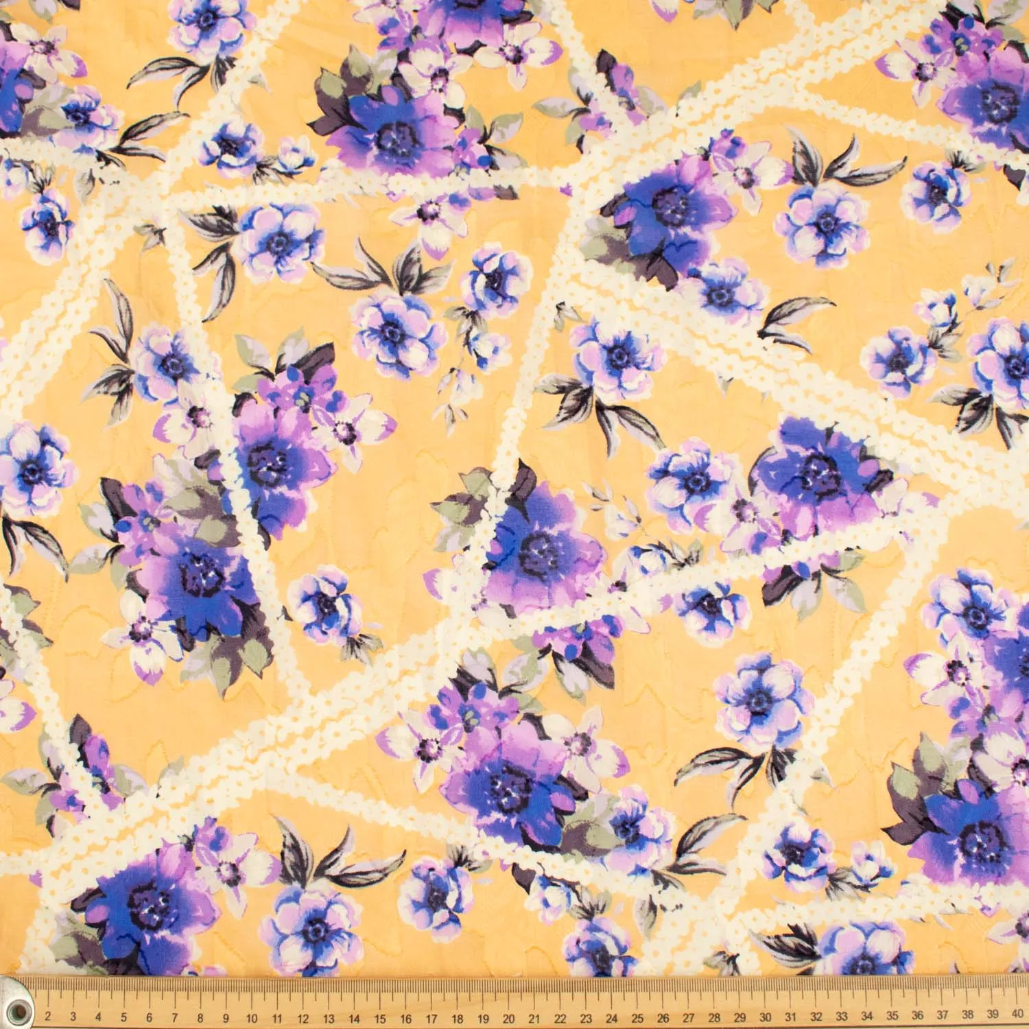 Japanese Pure Cotton Lawn Prints Design-154 Purple Flowers and White Lace Stripes on Yellow