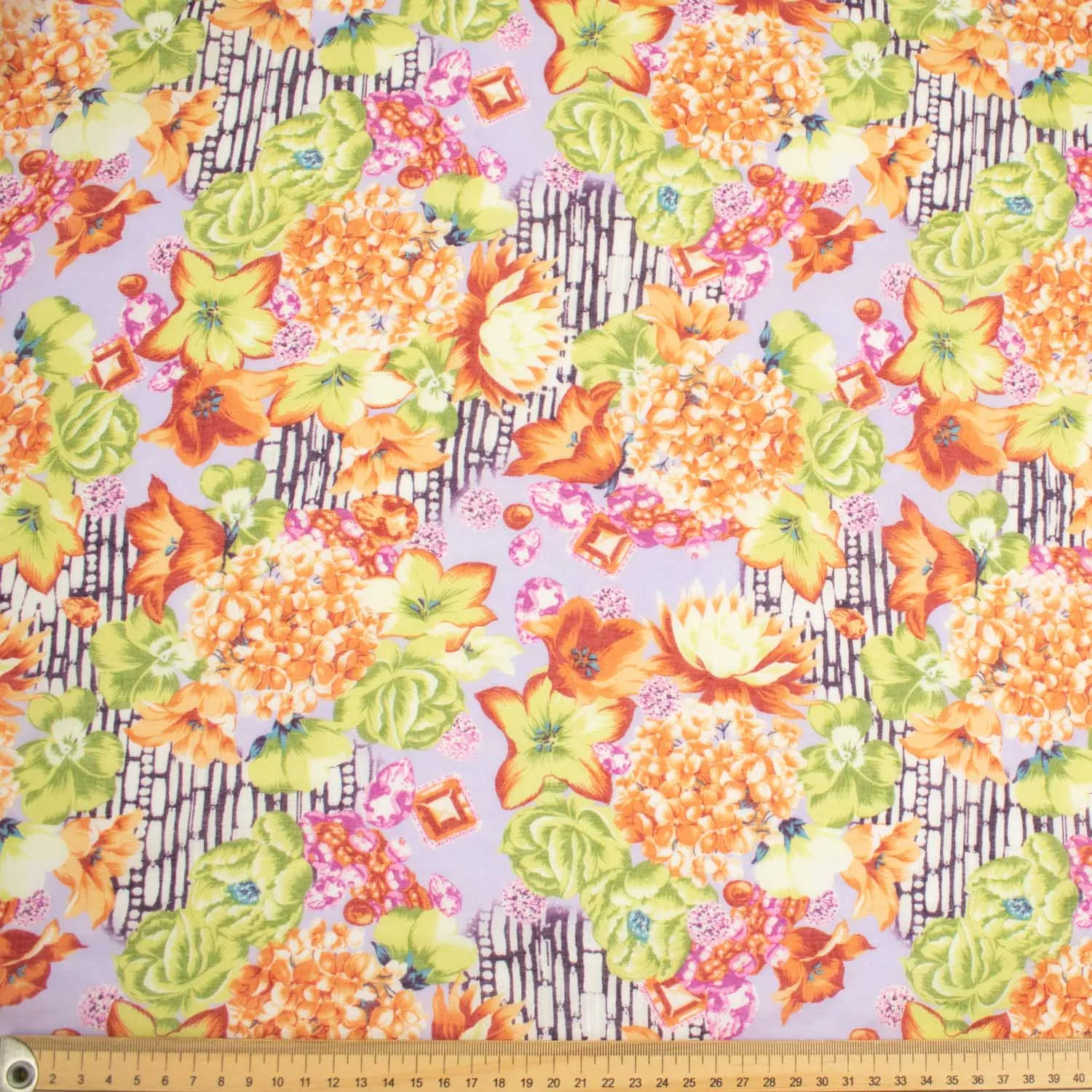 Japanese Pure Cotton Lawn Prints Design-170 Orange Hydrangea & Green Flowers on Lilac