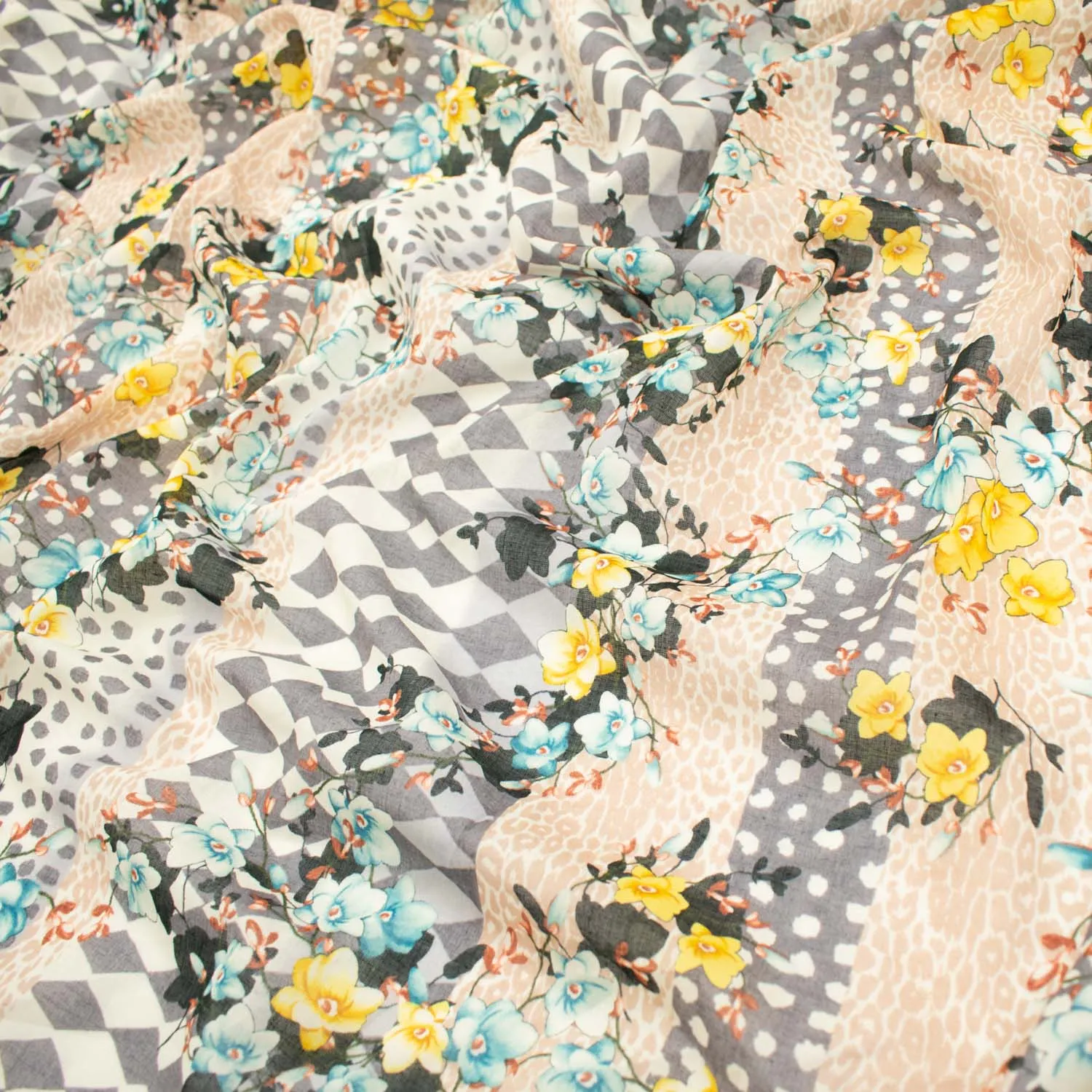 Japanese Pure Cotton Lawn Prints Design-177 Yellow Floral Vines & Green Rhombus on Skin