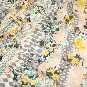 Japanese Pure Cotton Lawn Prints Design-177 Yellow Floral Vines & Green Rhombus on Skin