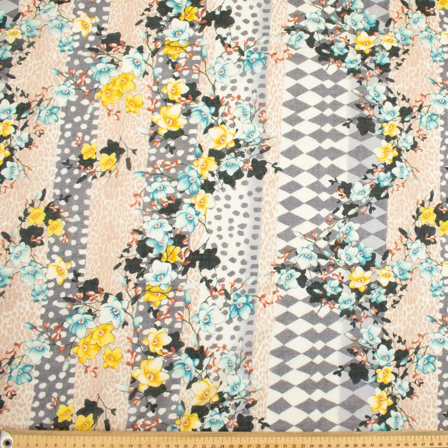 Japanese Pure Cotton Lawn Prints Design-177 Yellow Floral Vines & Green Rhombus on Skin