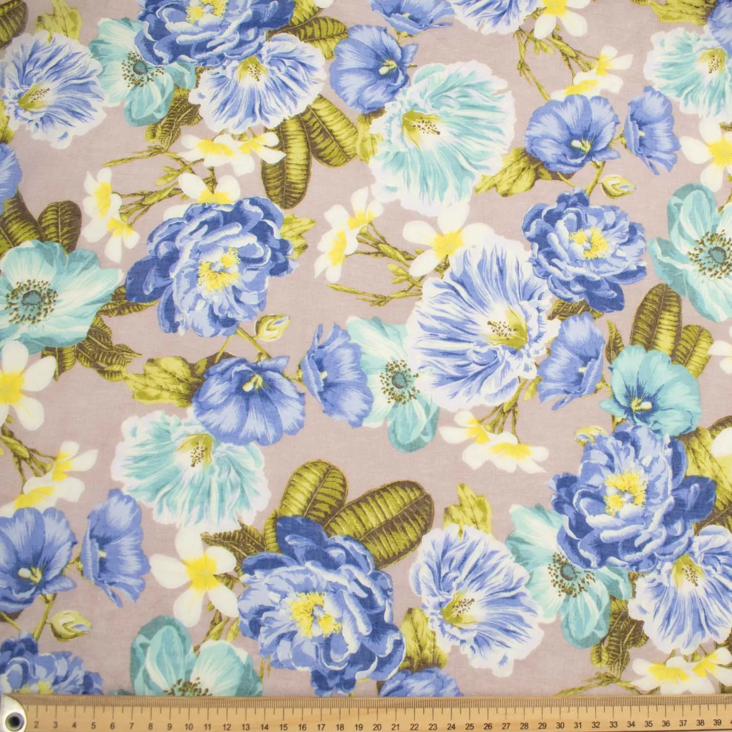 Japanese Pure Cotton Lawn Prints Design-201 Large Blue & Teal Flowers on Grey