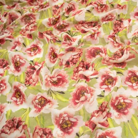 Japanese Pure Cotton Lawn Prints Design-202 Large Red Flowers on Green